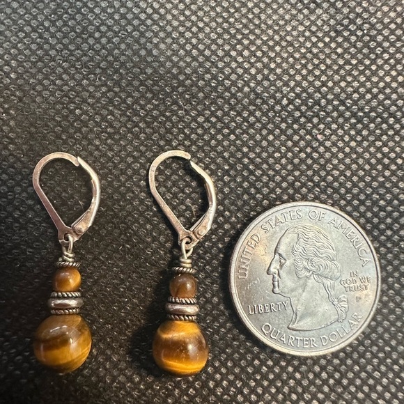 Sterling and Tigers Eye Dangle Earrings - Picture 3 of 4